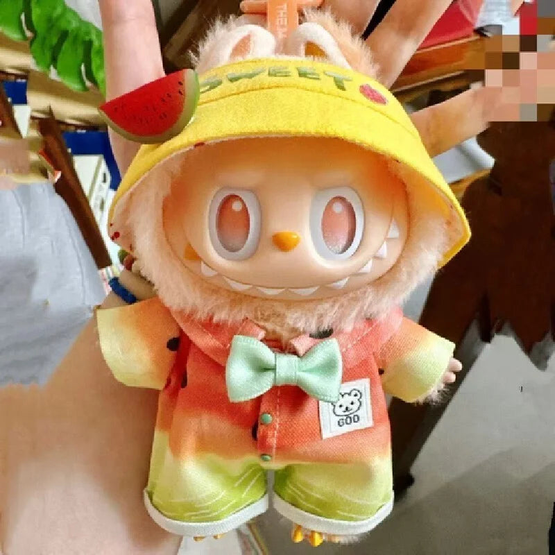 Labubu 3.0 17cm Doll Clothes Watermelon Jumpsuit With Sweet Bucket Hat Bow Tie Outfit For Labubu Vinyl Doll Dress Up Accessory