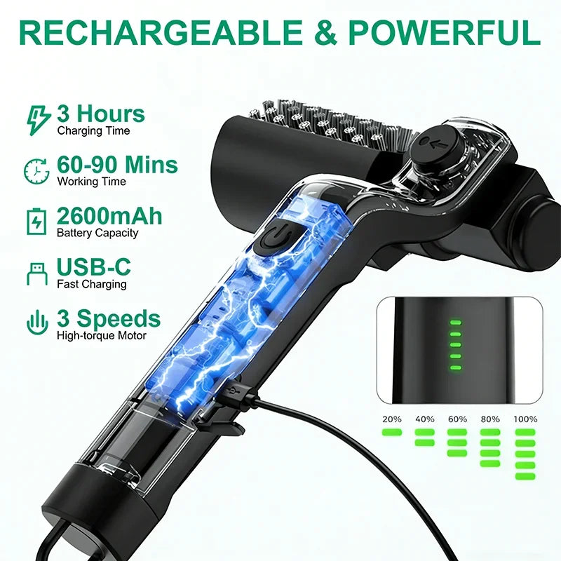 Built-in 4000mAh Rechargeable Battery with 3 Adjustable Speed Modes. The Rotating Cleaning Head Delivers Powerful Scrubbing Force to Remove Burnt Grease, Charred Residue and Food Debris on Grills Without Strenuous Manual Brus