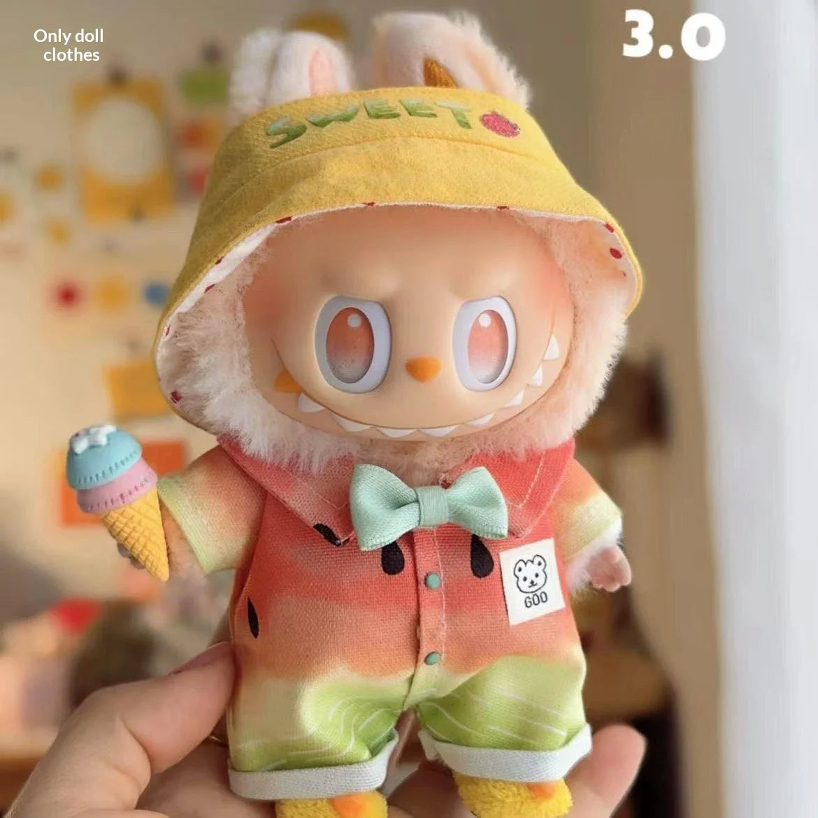 Labubu 3.0 17cm Doll Clothes Watermelon Jumpsuit With Sweet Bucket Hat Bow Tie Outfit For Labubu Vinyl Doll Dress Up Accessory