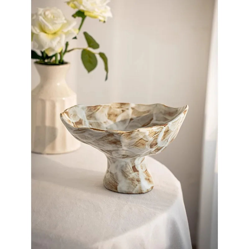 Beautiful High Footed Flower Plate Retro Rough Pottery Dried Fruit Plate Home Creative Ornament