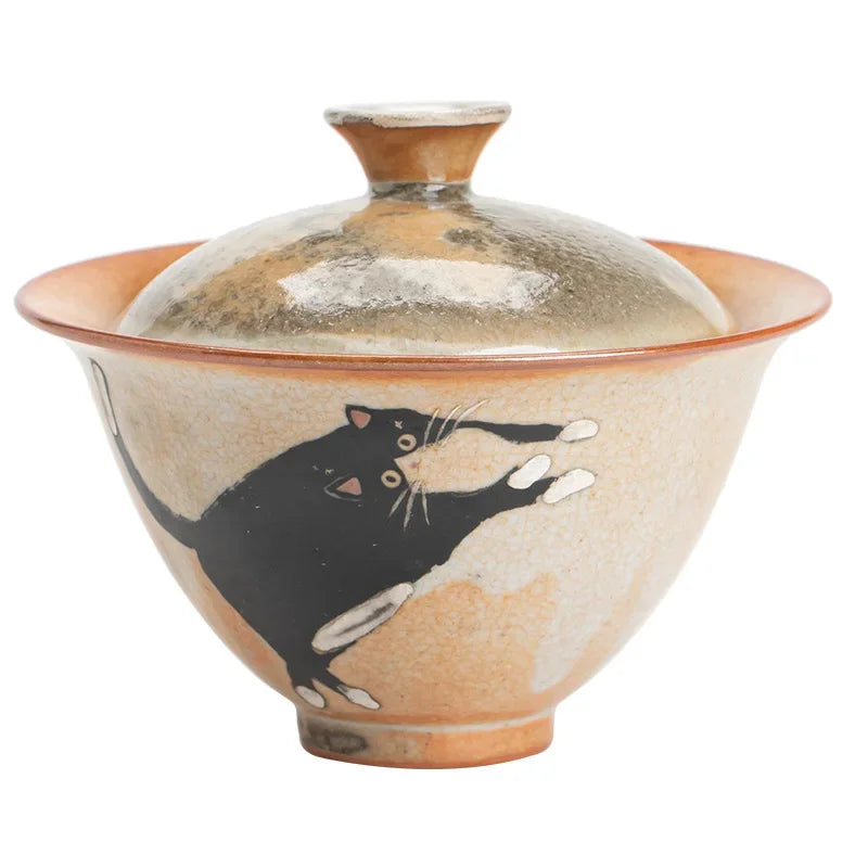 130ml Vintage Cute Zhi Ye Cat Porcelain Gaiwan Set For Tea Tureen Teaware Cup Chinese Hand-Paint Bowls Chawan Tea Ceremony Set