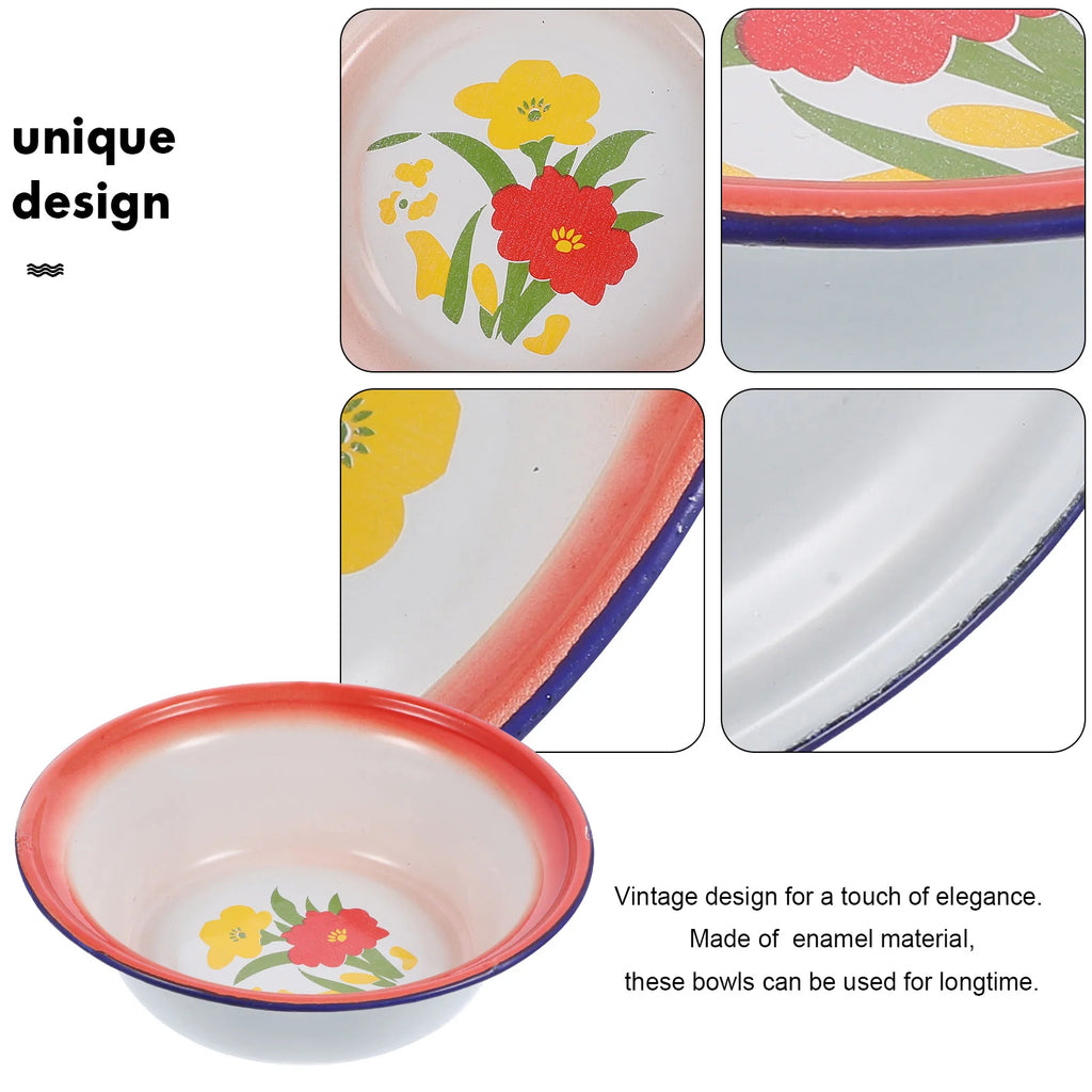 5 Pcs Red Floral Retro Enamel Disc Vintage Dinnerware Sets Enamelware Bowls Metal Plates Kitchen Storage Serving Tableware
