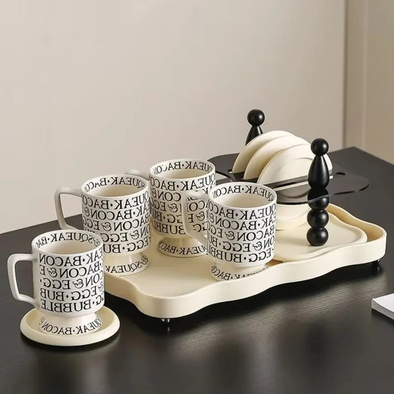 Vintage Luxury Water Cup Tray Retro Teaware Display Organizer Afternoon Tea Glass Storage Rack with Coaster Set for Home Decor