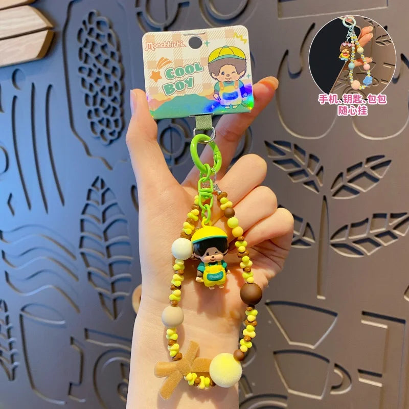 Genuine Monchhichi Flocked Beaded Keychain, Cute Cartoon Mini Monchhichi Figurine Charm, Women’s Bag  Phone Strap