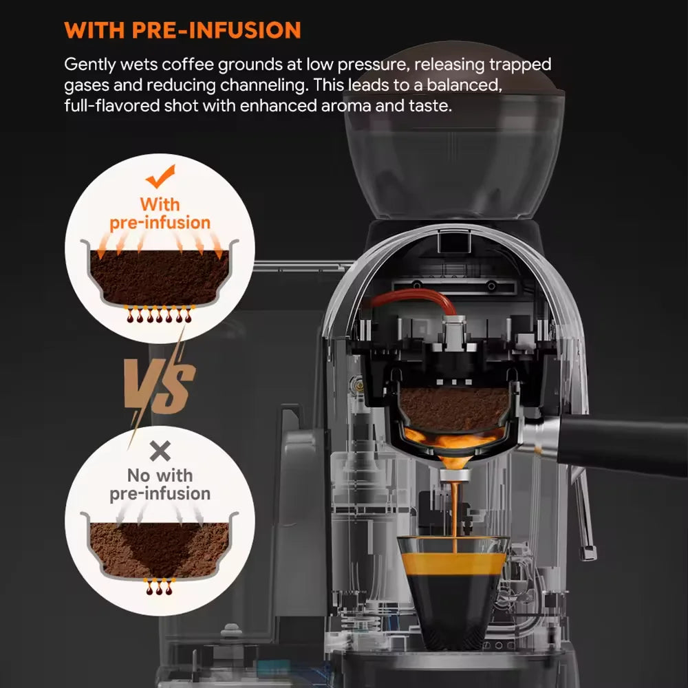 I Cafilas 19 Bar Semi Automatic Espresso Coffee Maker With Grinder Bean For Cappuccino and Latte Milk Frothing System Machine