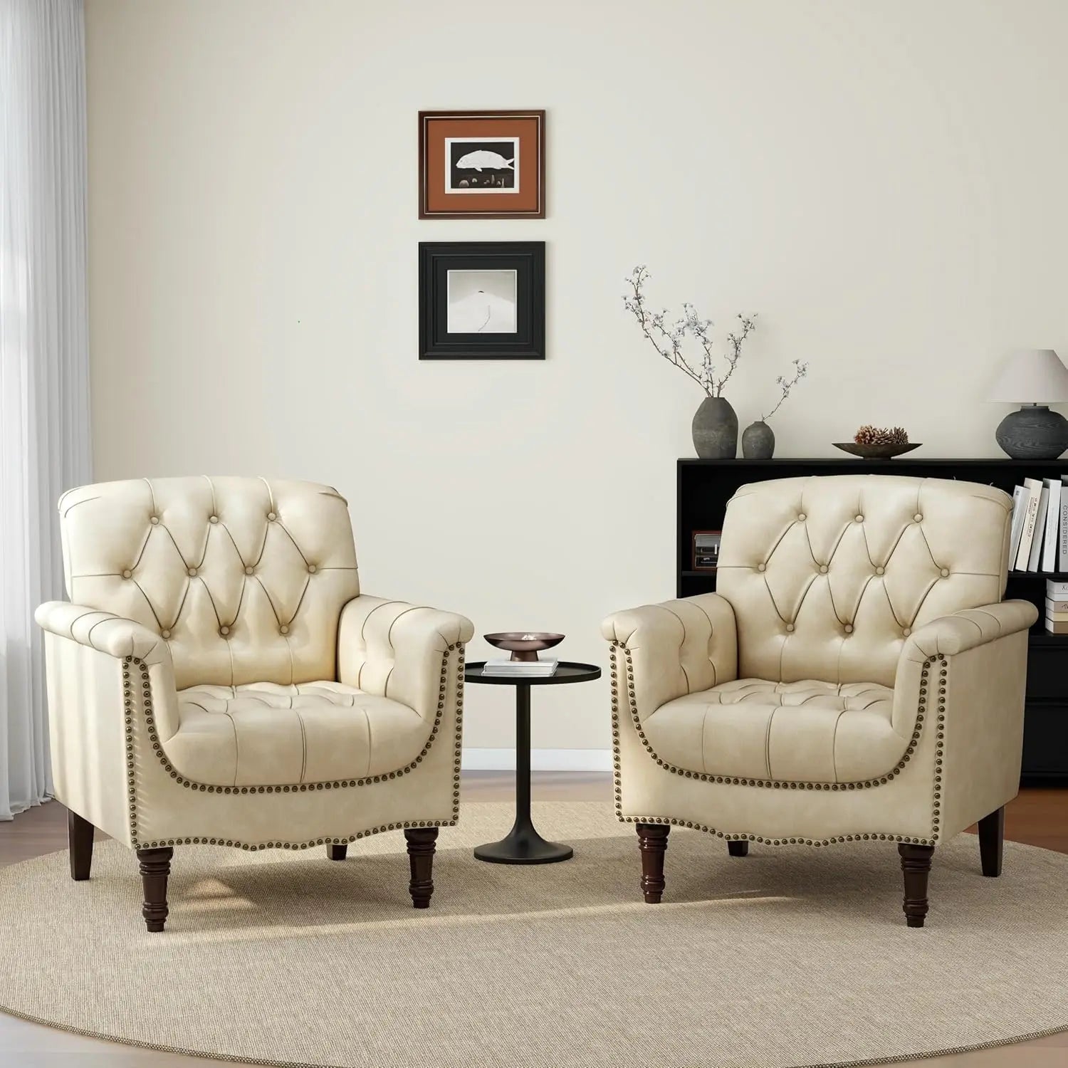 Faux Leather Accent Chairs Set of 2, Comfy Club Chair Upholstered Armchair for Living Room, Button Tufted Arm Chair, Customized