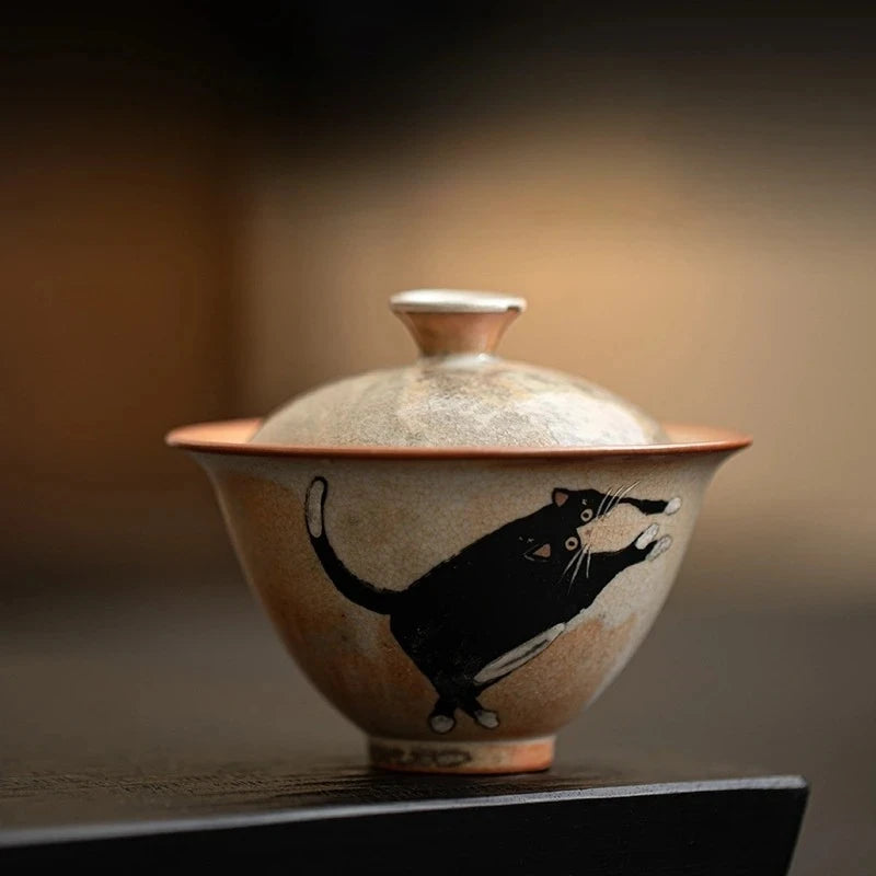 130ml Vintage Cute Zhi Ye Cat Porcelain Gaiwan Set For Tea Tureen Teaware Cup Chinese Hand-Paint Bowls Chawan Tea Ceremony Set