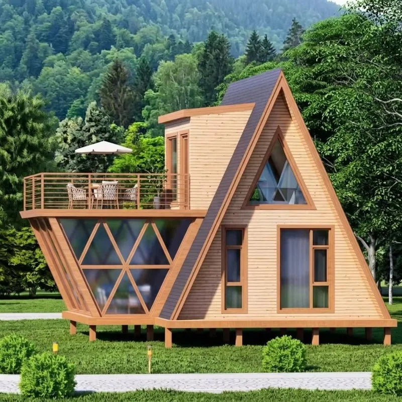 2-Story A-Frame Modern Movable Wood Cabin Prefab Triangle Tiny House for Forest B&B & Glamping Resort Customized