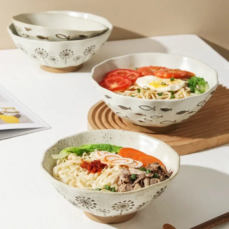 coarse pottery bowl, retro ceramic tableware, underglaze colored noodle bowl, lace soup bowl, household hat  commercial ramen