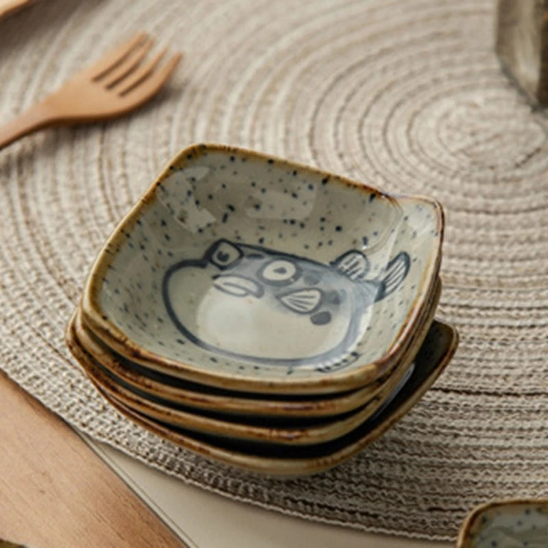 Vintage Ceramic Small Plate Japanese Creative Cartoon Seafood Sauce Dish Seasoning Plate Home Kitchen Tableware Wholesale