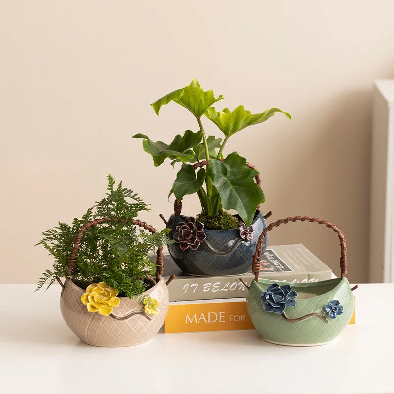 Handmade Ceramic Succulent Planter with Pinched Flowers, Flower Basket Shape Mini Pot for Desktop Cactus