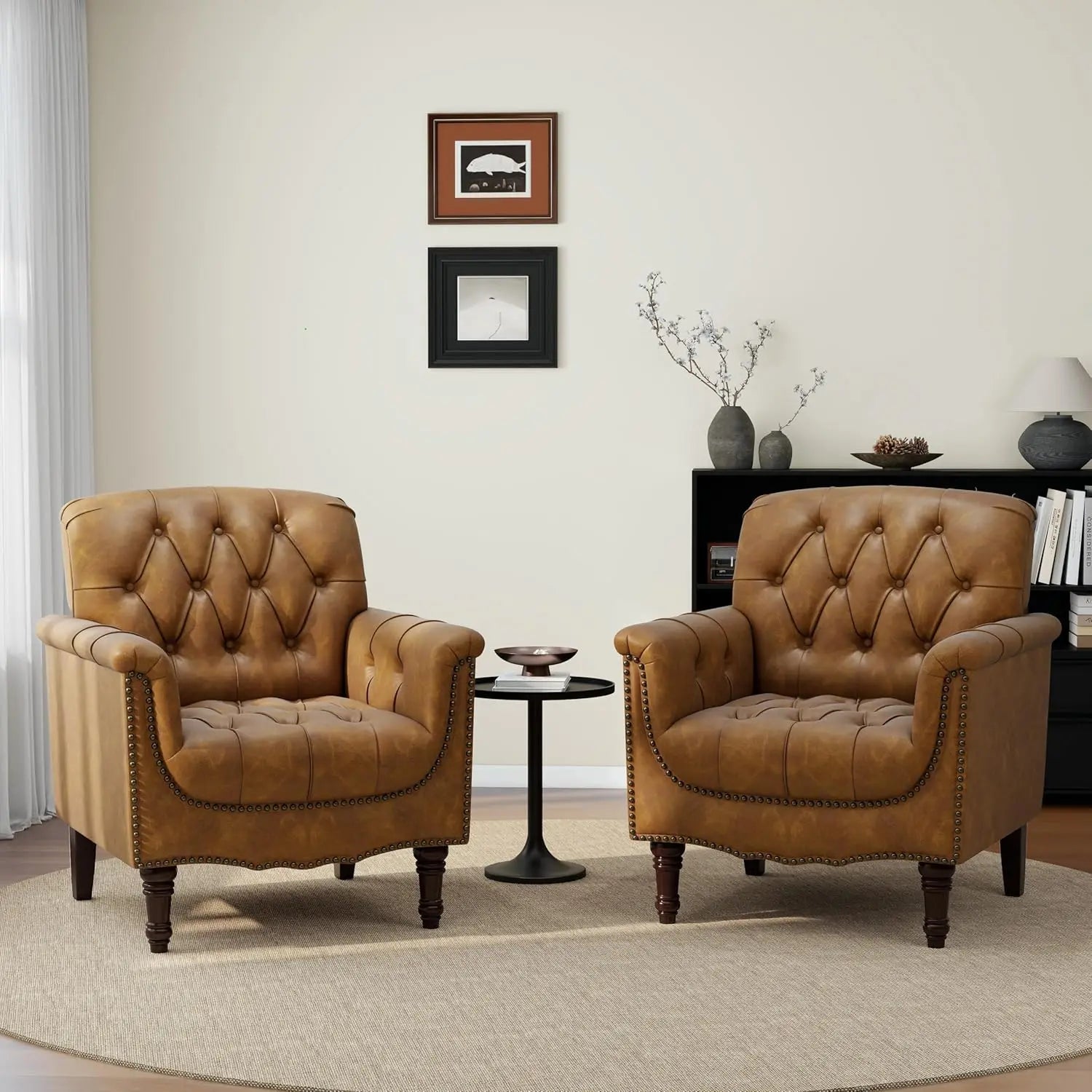 Faux Leather Accent Chairs Set of 2, Comfy Club Chair Upholstered Armchair for Living Room, Button Tufted Arm Chair, Customized