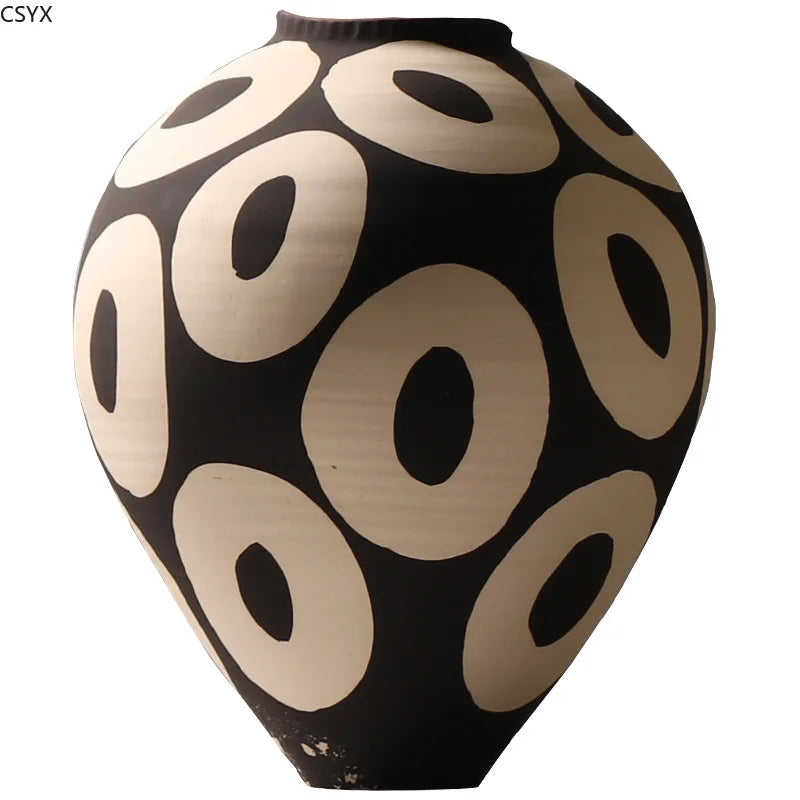Ceramic Vase Hand-drawn Geometric Circles Flower Vase Flower Arrangement Accessories Porcelain Pot Home Decoration
