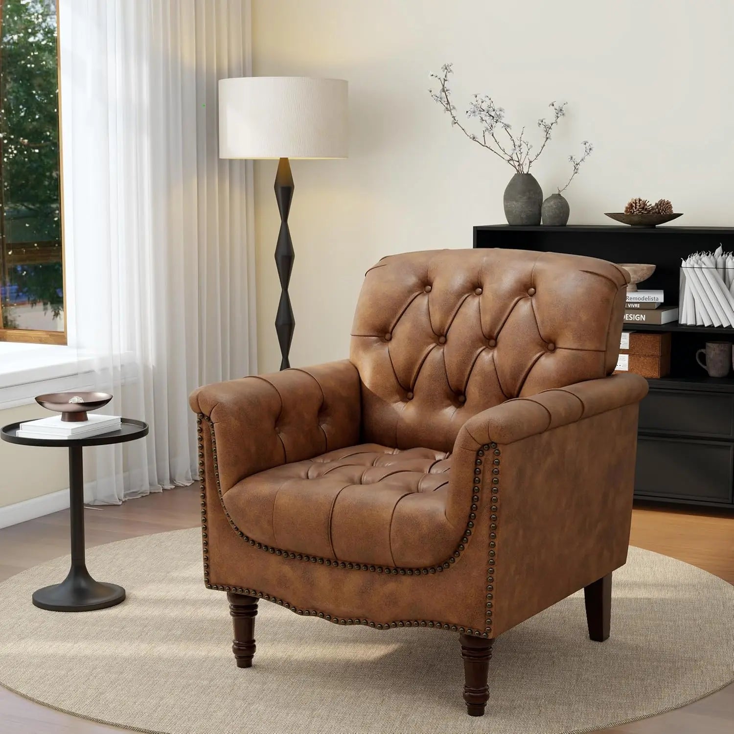 Faux Leather Accent Chairs Set of 2, Comfy Club Chair Upholstered Armchair for Living Room, Button Tufted Arm Chair, Customized