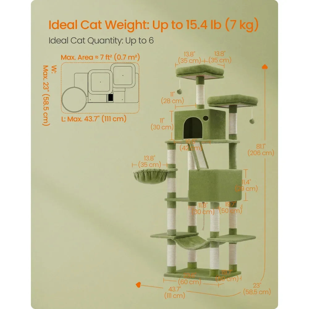 Cat Tree Rascadores Para Gatos Cat Supplies Cat Tree, 81.1Inch Large Cat Tower With 13 Ching Posts, 2 Perches, 2 Caves, Basket,