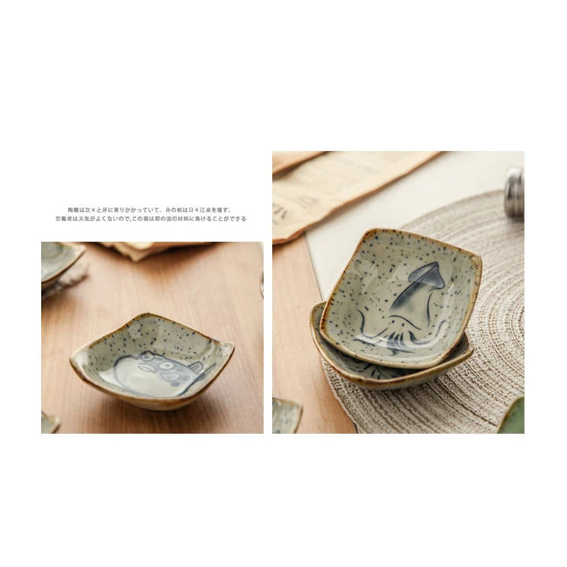 Vintage Ceramic Small Plate Japanese Creative Cartoon Seafood Sauce Dish Seasoning Plate Home Kitchen Tableware Wholesale