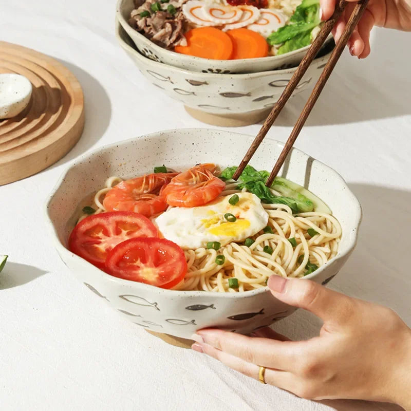 coarse pottery bowl, retro ceramic tableware, underglaze colored noodle bowl, lace soup bowl, household hat  commercial ramen