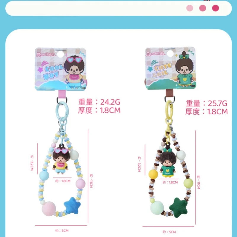 Genuine Monchhichi Flocked Beaded Keychain, Cute Cartoon Mini Monchhichi Figurine Charm, Women’s Bag  Phone Strap