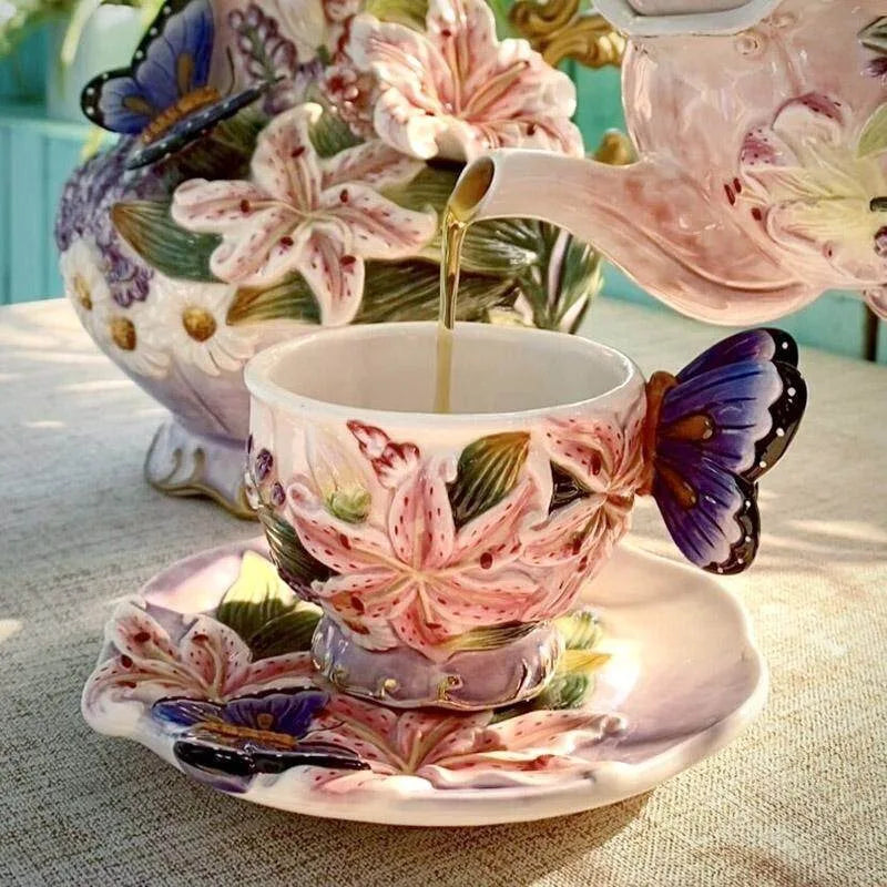 European Style Ceramic Coffee Pot, Hand-painted Butterfly Orchid Teapot, Tea Cup Set, Exquisite Creative Gift, Cafe Accessories