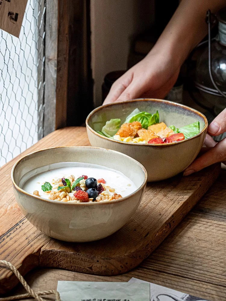 YWDL 500ml Vintage Ceramic Salad Bowl Heat-resistant Rice Soup Bowl Irregular Edges Kitchen Noodle Bowl Microwave Safe 5.5inch