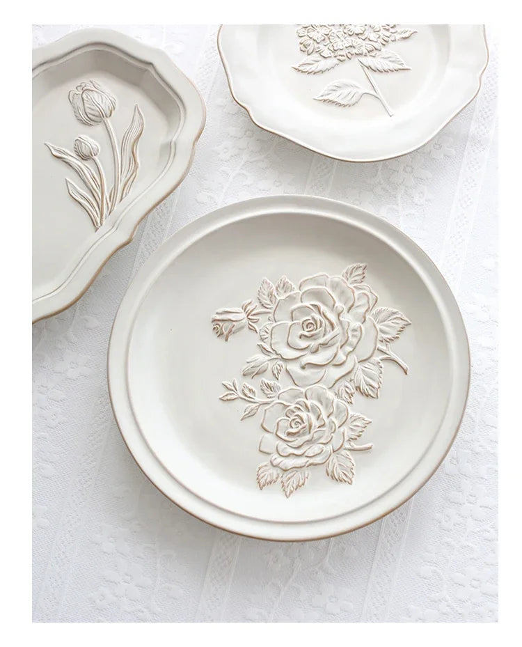 Ceramic Plates Vintage Style Dinner Plate Tulip Relief Ceramic Plates Steak Pasta Dishes Tableware Household Use Tableware Home