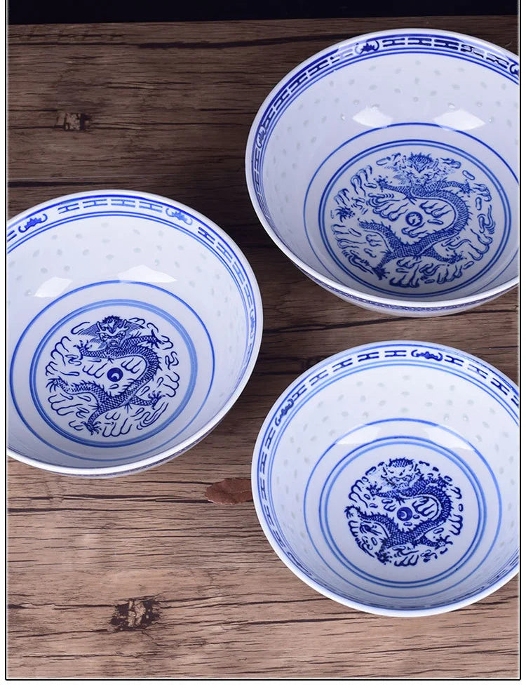 Ceramic Tableware Blue And White Porcelain Ramen Soup Bowl Chinese Rice Bowls Dragon Pattern Vintage Dinnerware