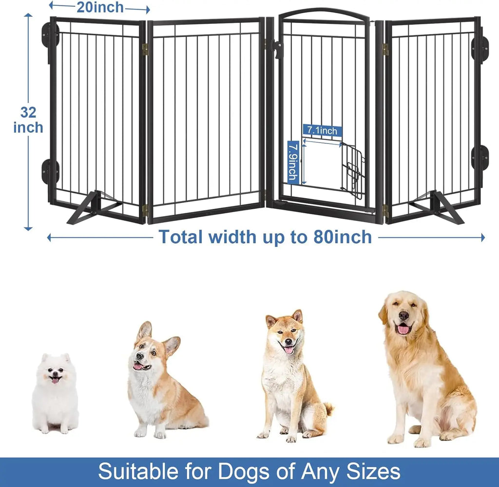 32" Tall Foldable Dog Gate with Cat Door, 80" Wide Freestanding Pet Fence for Indoor Outdoor Use, Stairs Deck Yard