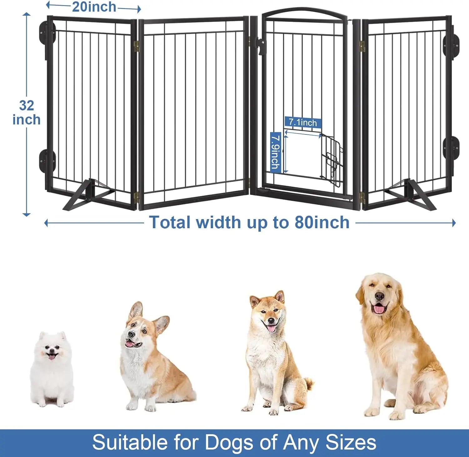 32" Tall Foldable Dog Gate with Cat Door, 80" Wide Freestanding Pet Fence for Indoor Outdoor Use, Stairs Deck Yard