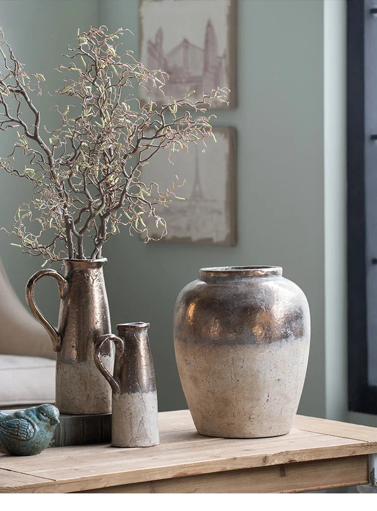 Vintage Distressed Coarse Pottery Vase Handmade Flower Arrangement Ornament for Living Room Bedroom - Unique Flower Vessel