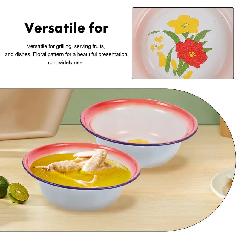 5 Pcs Red Floral Retro Enamel Disc Vintage Dinnerware Sets Enamelware Bowls Metal Plates Kitchen Storage Serving Tableware