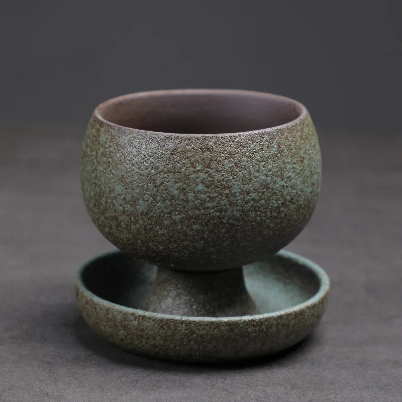 Vintage Stoneware Coffee Mug with Saucer Retro Ceramic Latte Art Cup Handmade Rustic Tea Cup for Home Cafe Boho Tableware