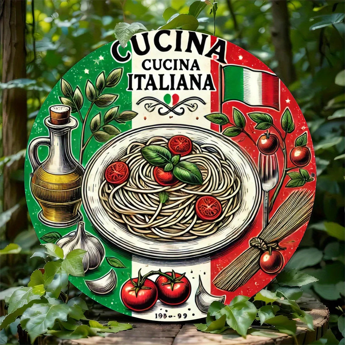 1pc Italian Cuisine Round Metal Sign - Rustic Aluminum Wall Art with HD Print, Waterproof & Rust-Resistant, Vintage Spaghetti &