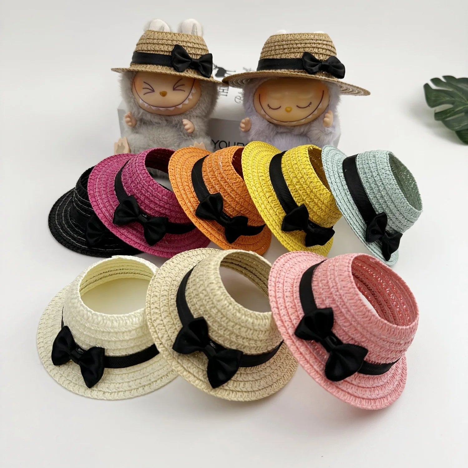 Clothes For Labubu Open-Top Straw Hat Labubu Hat with Bow 1st 2nd 3rd Gen 17cm Labubu Sitting Party Outfit Accessories