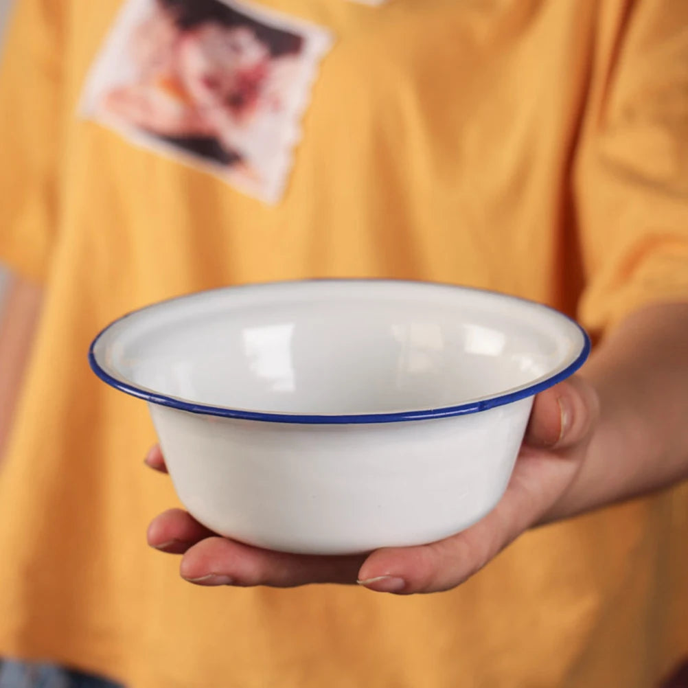 1pcs Enamel Bowl Vintage Style With Lid Soup Storage Basin Heavy Duty Kitchen Enamelware Mixing Salad Dough Retro Home accessory