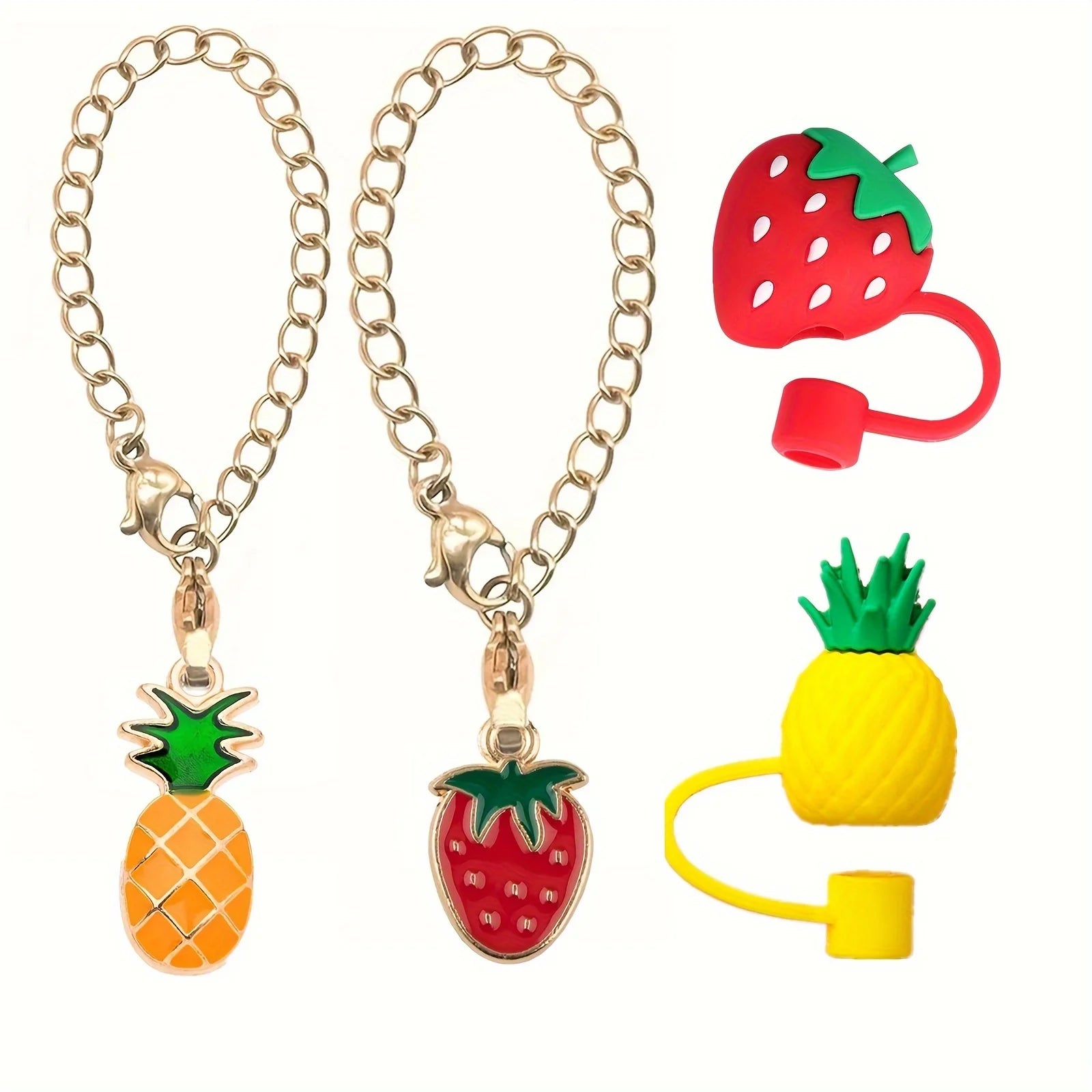 2set Silicone Fruit Straw Cover Cap With Chain Charm Strawberry Pineapple For Stanley Tumblers With Handle 8mm Drinking Straw