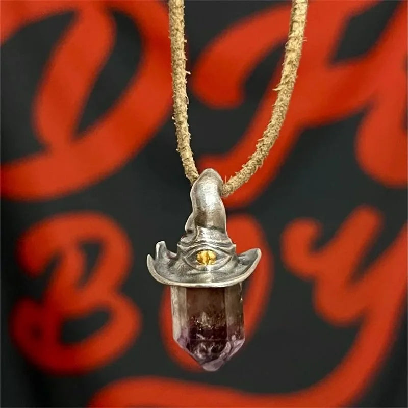 1pc Retro Style Amethyst Hexagonal Pillar Witch Hat Pendant Decoration Pendant