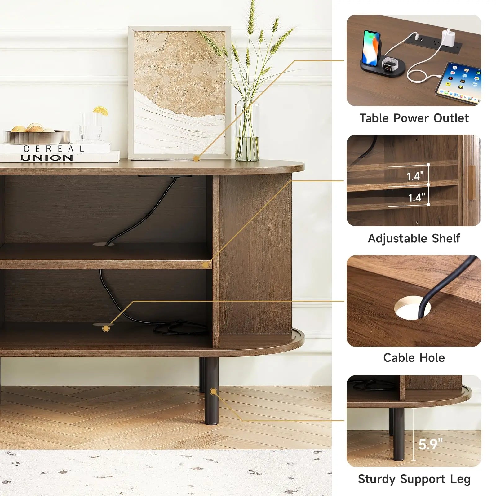 TV Stand Living Room Furniture with Power Outlet for TVs up to 60/70",TV Table with Sliding Doors Storage Adjustable Shelves