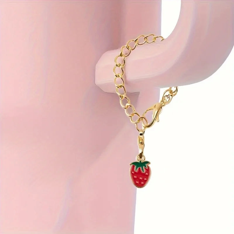 2set Silicone Fruit Straw Cover Cap With Chain Charm Strawberry Pineapple For Stanley Tumblers With Handle 8mm Drinking Straw