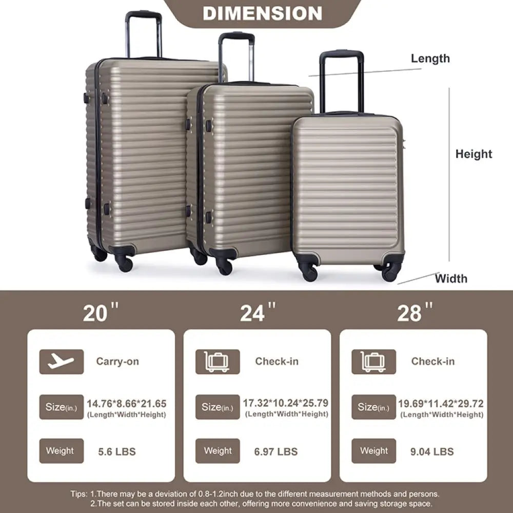 3 Piece Luggage Sets ABS Lightweight Suitcase with Two Hooks, Spinner Wheels, TSA Lock, (20/24/28) GOLD Large capacity suitcase