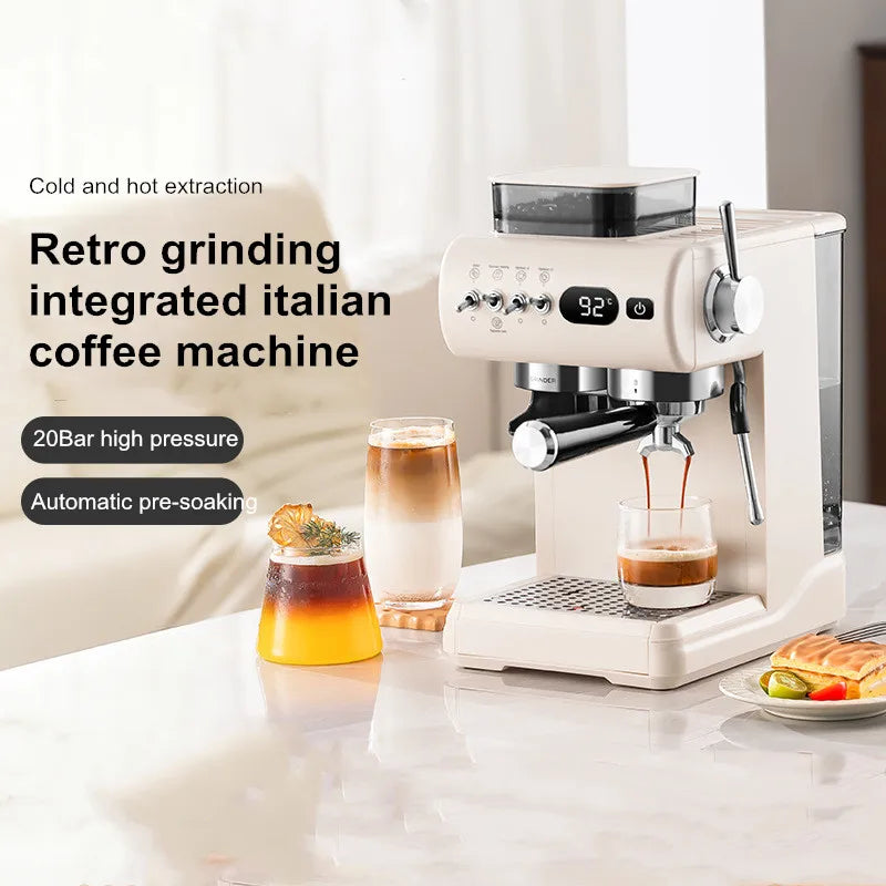 Semi-Automatic Espresso Machine – 20Bar Pressure with Built-in Grinder, Cold & Hot Brew Dual Extraction, Compact for Home Use