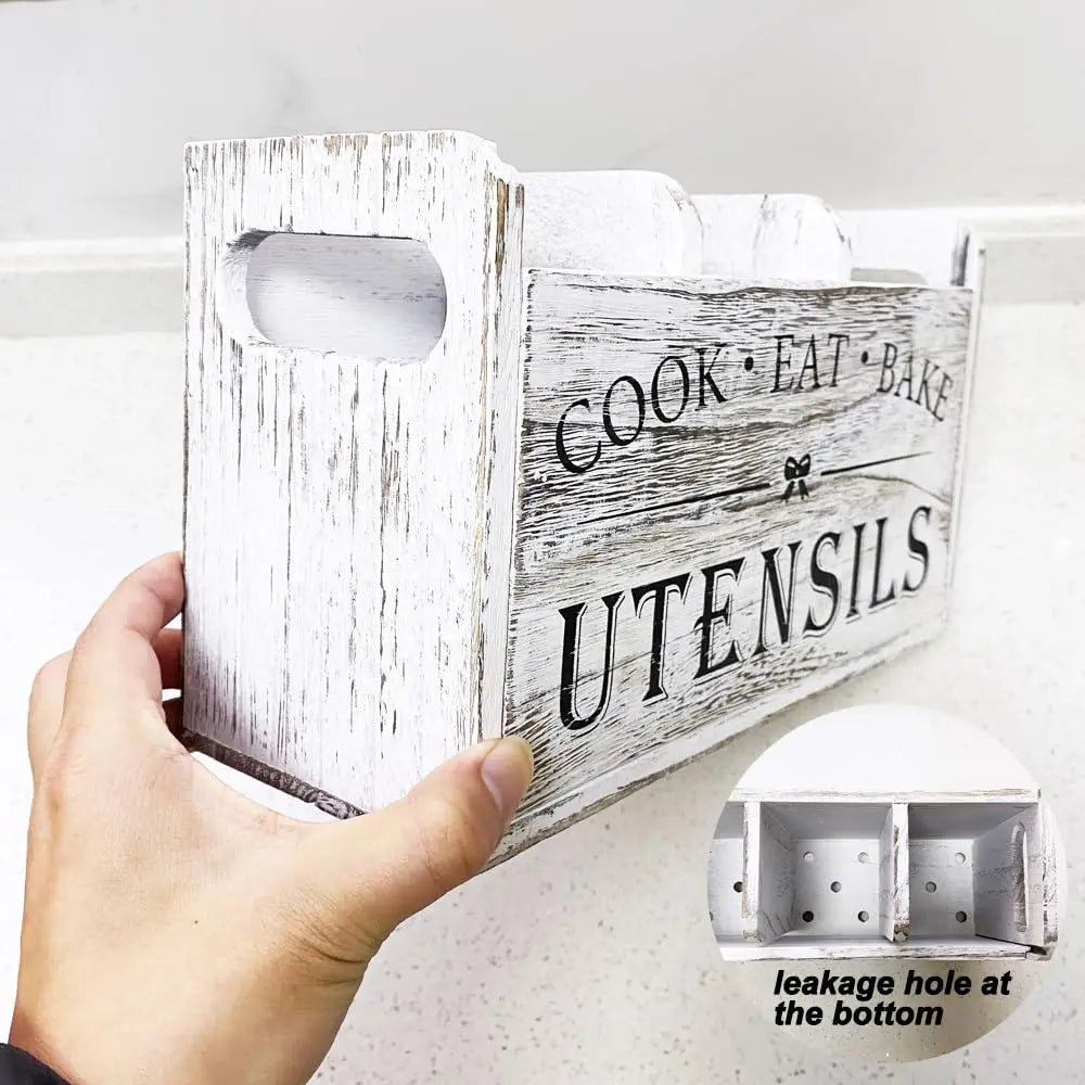 Kitchen Utensil Rack with Three Compartments Rustic Wooden Storage Box Vintage Tableware Farmhouse Dish Cabinet Forks Spoo