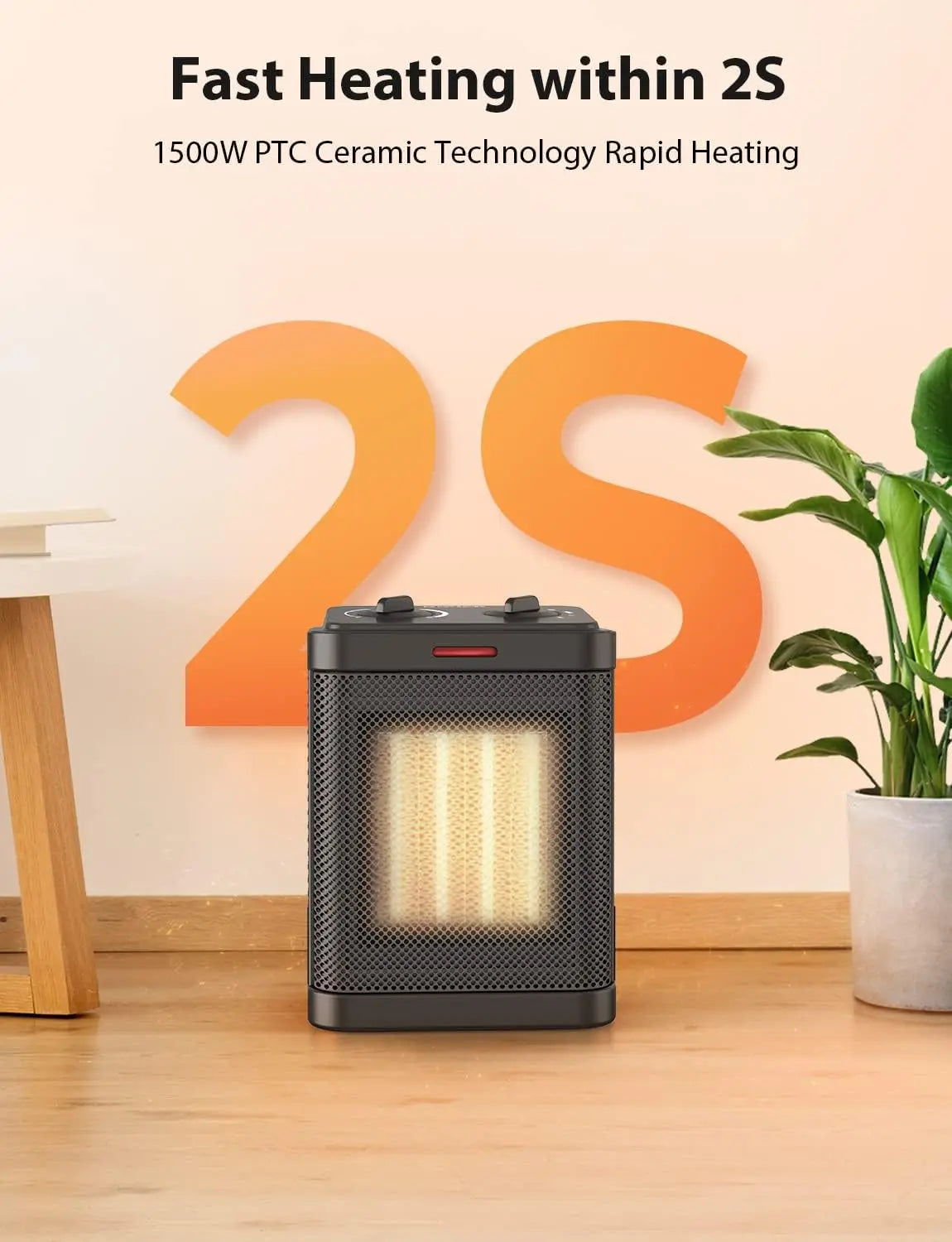 1500W PTC Ceramic Space Heater with Thermostat, 3 Modes, Quiet Heating for Indoor Office Desk Use