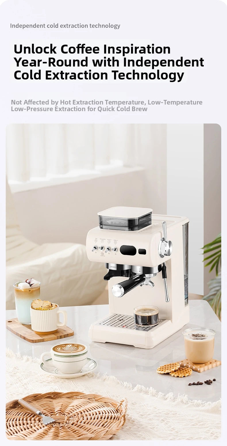 Semi-Automatic Espresso Machine – 20Bar Pressure with Built-in Grinder, Cold & Hot Brew Dual Extraction, Compact for Home Use