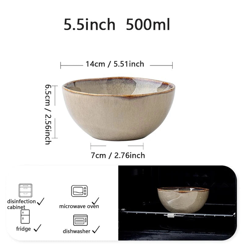 YWDL 500ml Vintage Ceramic Salad Bowl Heat-resistant Rice Soup Bowl Irregular Edges Kitchen Noodle Bowl Microwave Safe 5.5inch