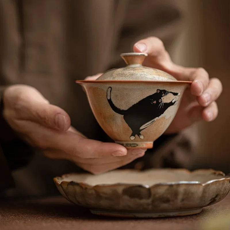 130ml Vintage Cute Zhi Ye Cat Porcelain Gaiwan Set For Tea Tureen Teaware Cup Chinese Hand-Paint Bowls Chawan Tea Ceremony Set