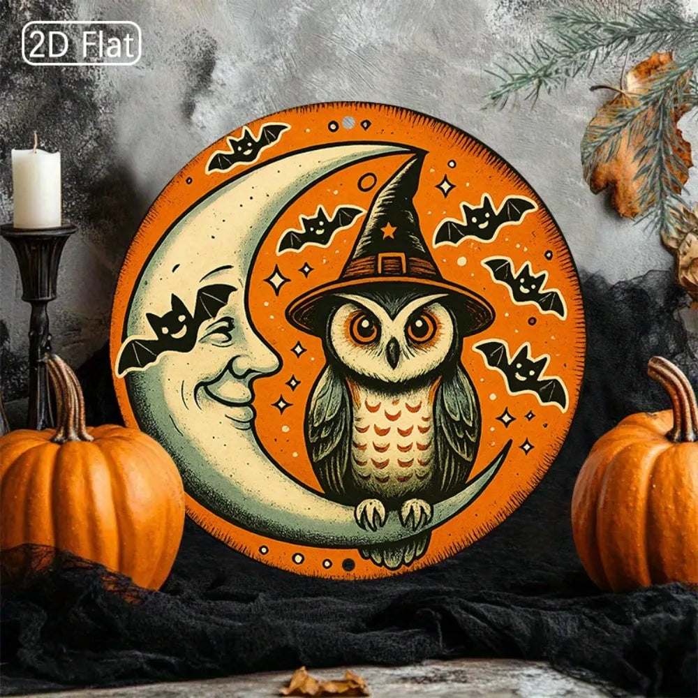 1pc Halloween Owl & Moon Metal Wall Art - 2D Round Aluminum Sign, Spooky Decor for Living Room Halloween Corners