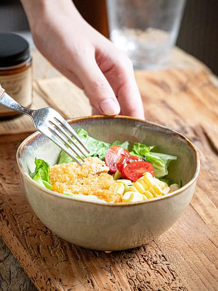 YWDL 500ml Vintage Ceramic Salad Bowl Heat-resistant Rice Soup Bowl Irregular Edges Kitchen Noodle Bowl Microwave Safe 5.5inch