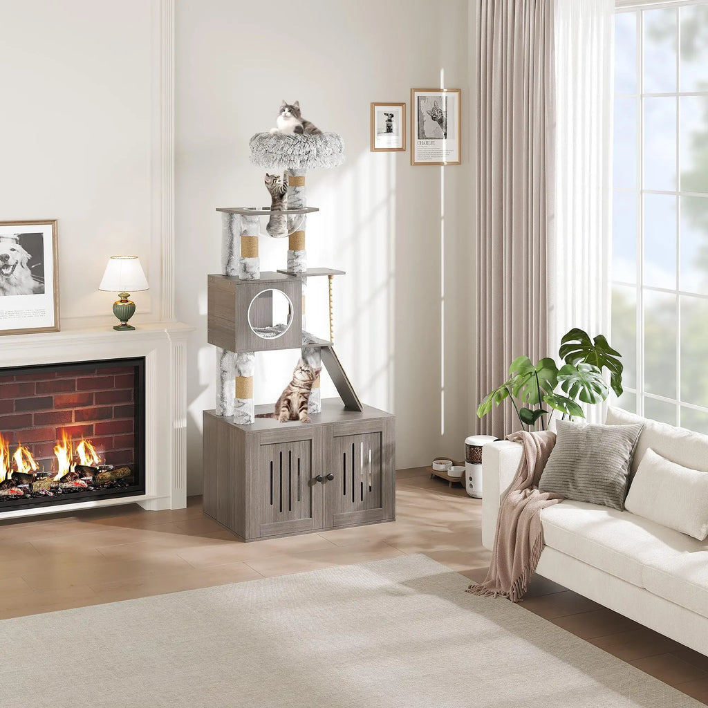 Cat Tree Tower with Litter Box Enclosure, Multi-Level Cat Furniture Featuring Hammock and Washable Cushions, Indoor Cat Tower