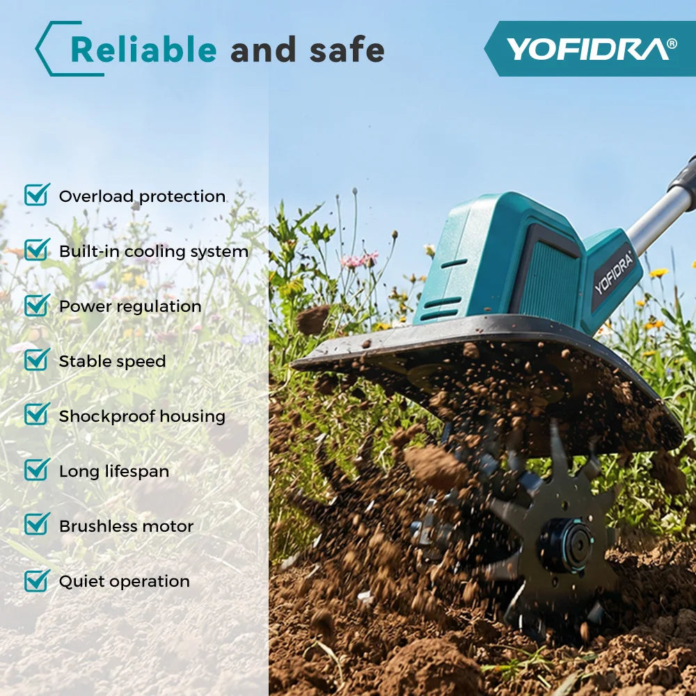 YOFIDRA Brushless Electric Garden Tiller Lawn Mower Rototiller For Soil Cultivation Garden Power Tool For Makita 21V Battery Pin