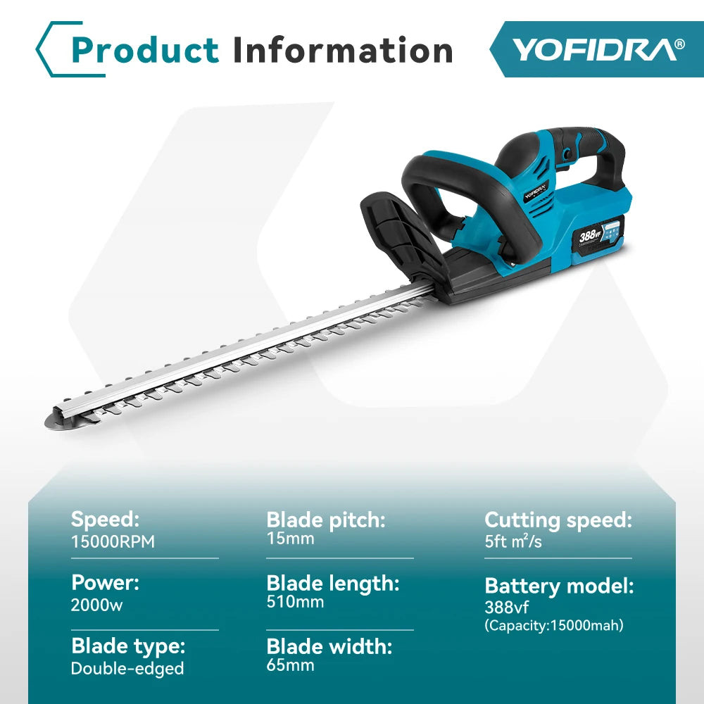 YOFIDRA 2000W Electric Hedge Trimmer 15000RPM Lawn Mower Garden Landscaping Hedge Pruner Trimmer Tool For Makita 18V Battery Pin